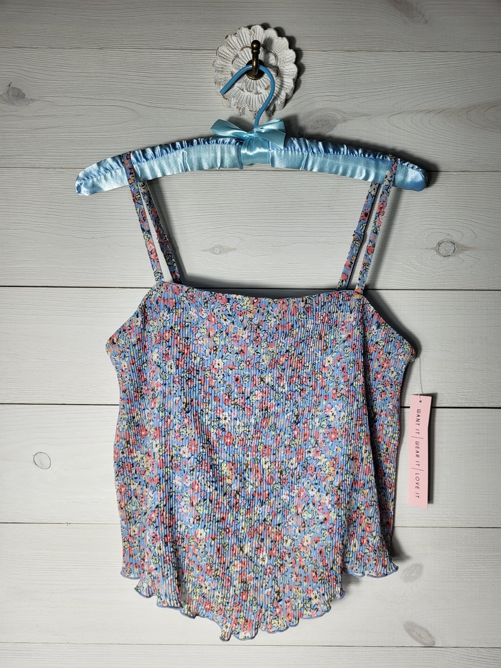 Crave Fame Cami Date Night Smock Crinkle Ditsy Floral Lettuce Hem Fairycore Top.